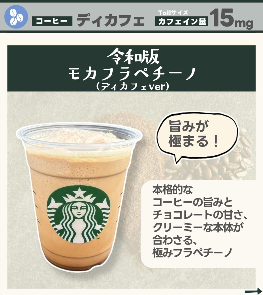 スタバカスタム】カフェイン控えめで楽しめる！ディカフェ令和版モカ